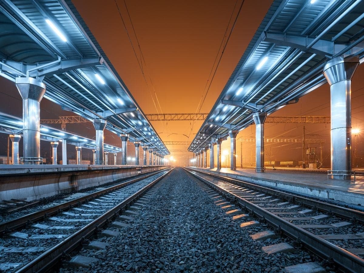 Voies ferrées et quais de gare éclairés de nuit
